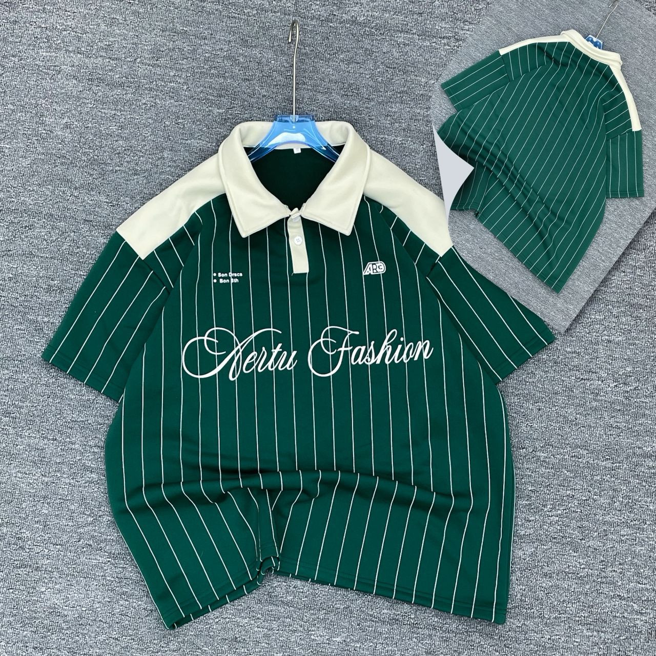 Nertu Fashion Oversized Striped Polo & Shorts Set - Green/White Pinstripe Co-ord Unisex