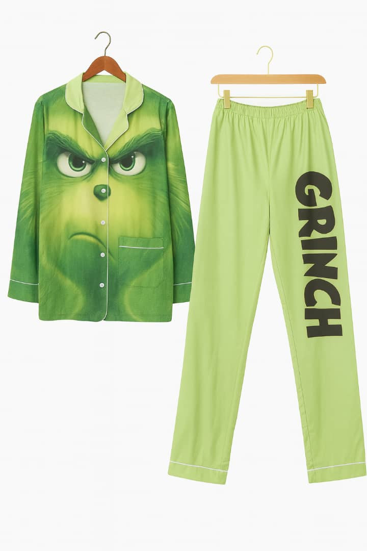 Grinch Face Green Satin Pajama Set Long Sleeve Shirt + Lime Pants with "GRINCH" Leg Print Holiday Sleepwear