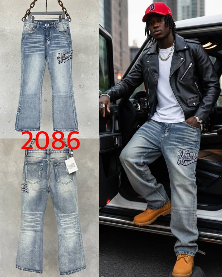 Men's Varsity Letter Graphic Flare Jeans - Vintage Blue Washed Denim with Embroidered Patch - Retro Loose Fit Bootcut Trousers