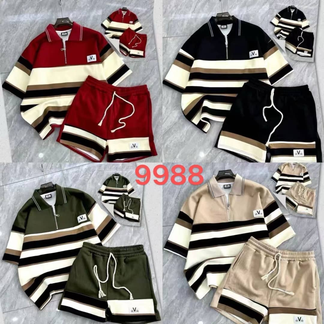 V Logo Striped Polo Set Oversized Half-Zip Shirt + Drawstring Shorts Retro Preppy Streetwear Unisex Luxury Casual Co-ord Tracksuit Outfit