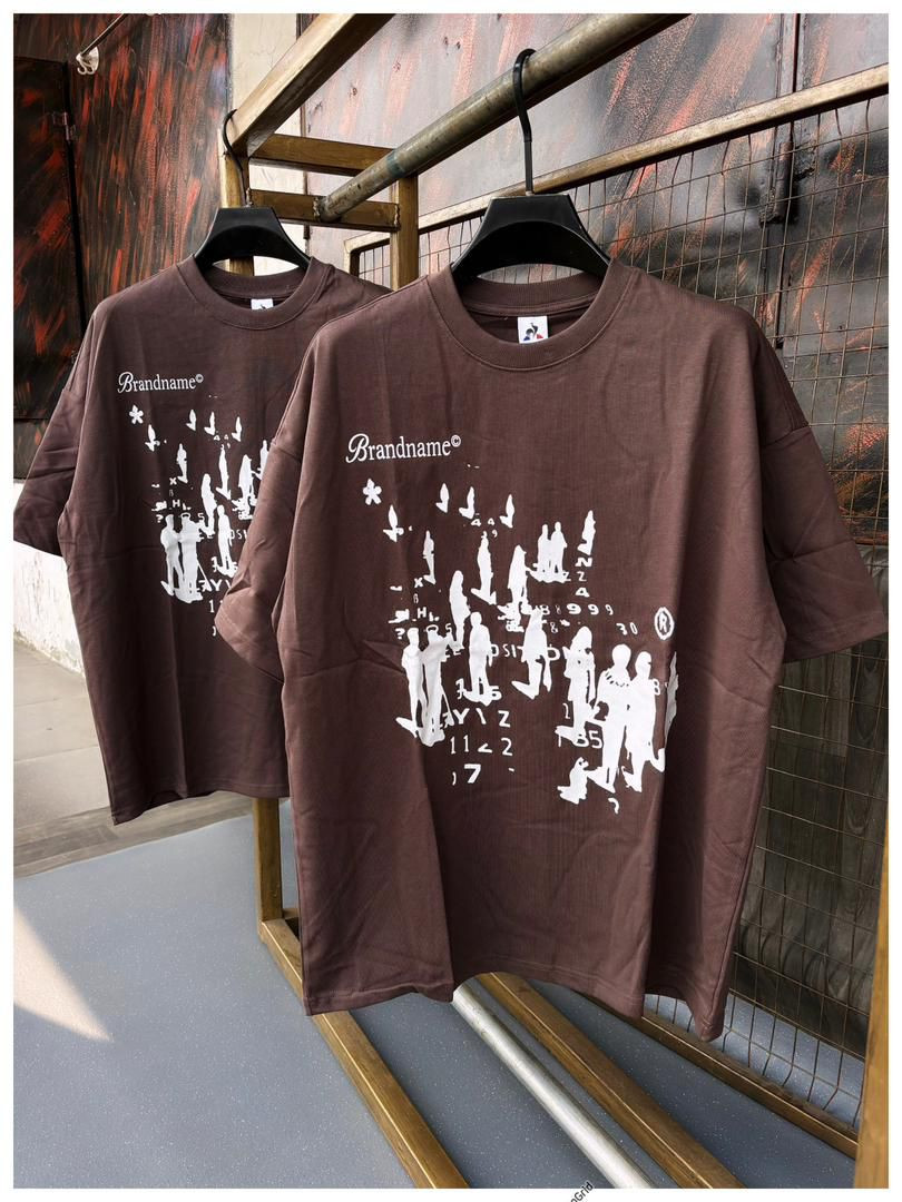 Oversized Abstract Graphic T-Shirt - Brown Crowd Silhouettes with Numbers & Brandname Print.