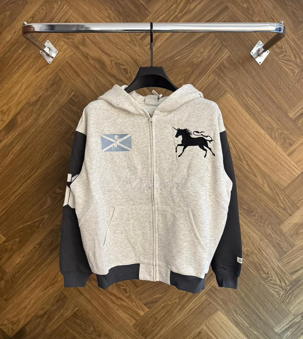 Men’s Varsity Zip-Up Hoodie - Oversized Two-Tone Sweatshirt with Unicorn Embroidery & Scotland Flag Patch - Premium Heavyweight Fleece Streetwear