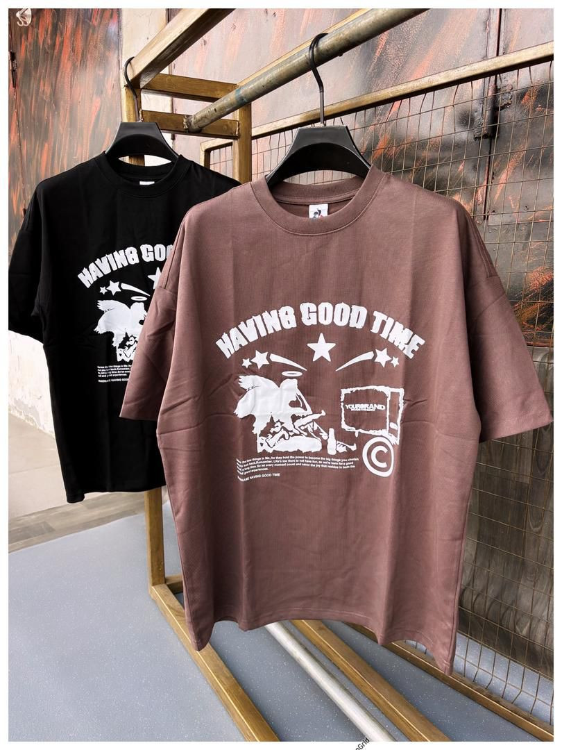Oversized Brown Graphic Tee - HAVING GOOD TIME Angel Truck Print with Stars Unisex Streetwear
