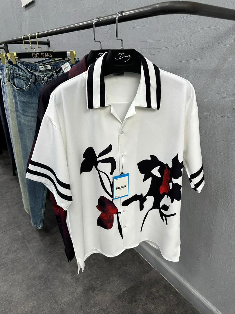 Men's Modern Abstract Floral Resort Shirt - White Short Sleeve Button-Down with Striped Trim - Urban Streetwear Graphic Top - Loose Fit Camp Collar Summer Shirt