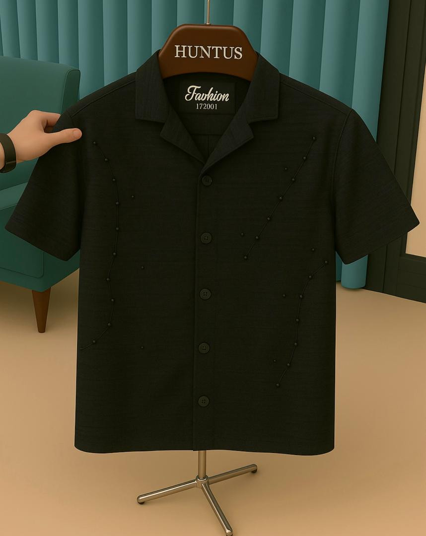 Black Camp Collar Shirt Short Sleeve Bead Stitch Line Embroidery Button Up Oversized Streetwear Casual Top Rosmill Style