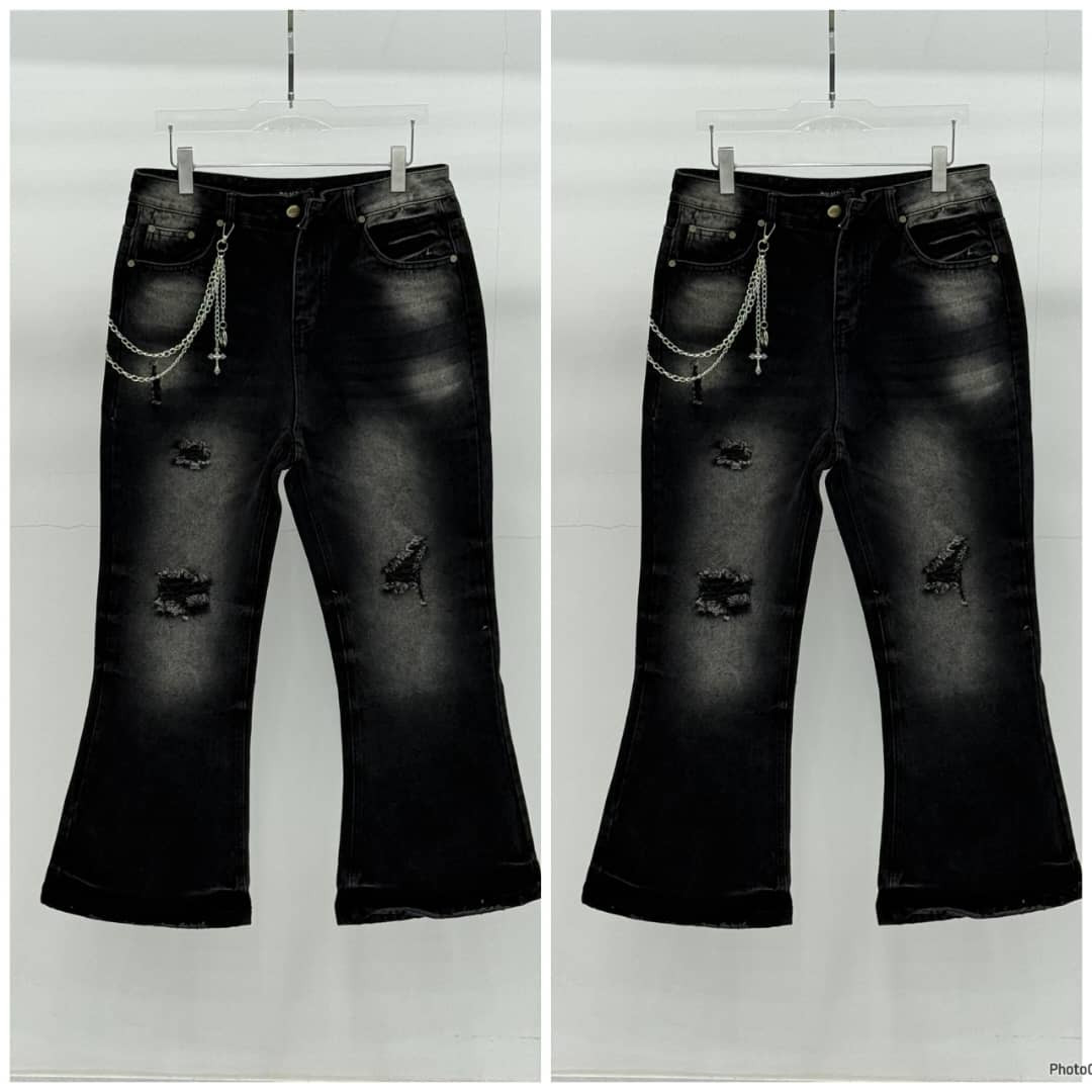 Unisex Black Washed Ripped Flare Jeans with Chain