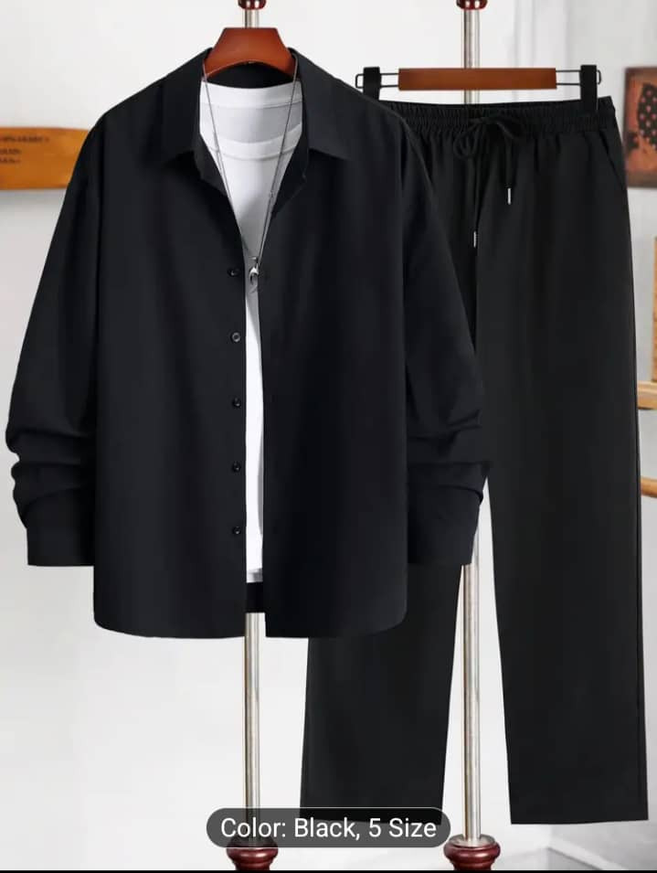 Black Oversized 2-Piece Set Long Sleeve Open Shirt + Wide Leg Drawstring Pants Unisex Minimalist Casual Lounge Smart Streetwear Outfit
