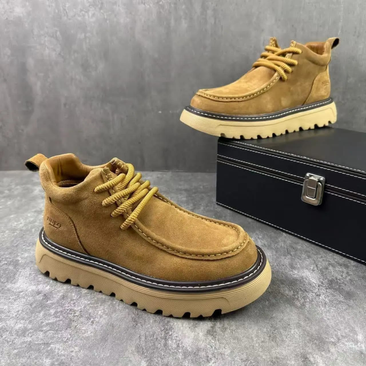 Tan Suede Chunky Platform Ankle Boots Lace-Up Lug Sole Moc Toe Streetwear Casual Shoes Men