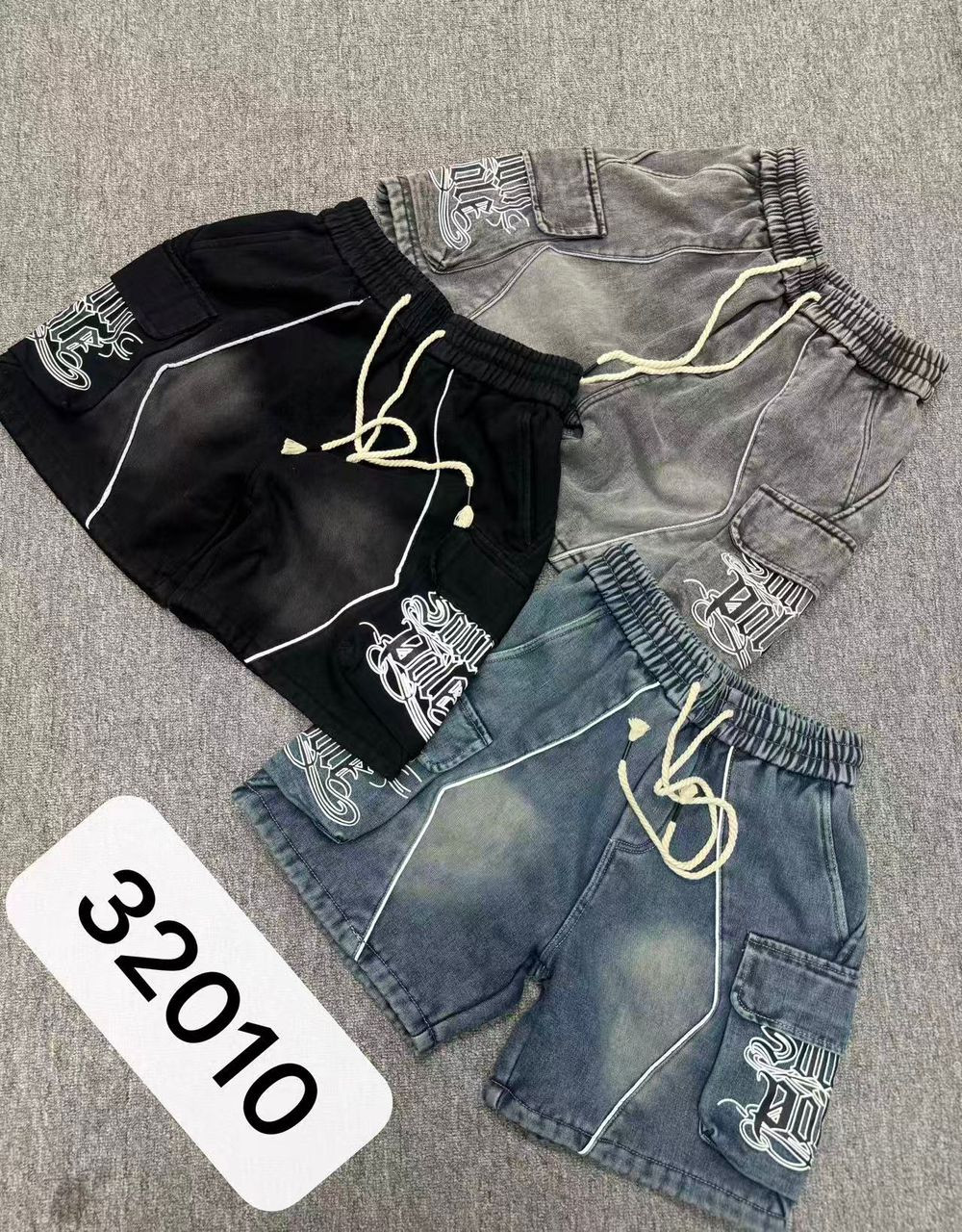 Graphic Cargo Shorts - Washed Denim Multi-Pocket Drawstring Streetwear