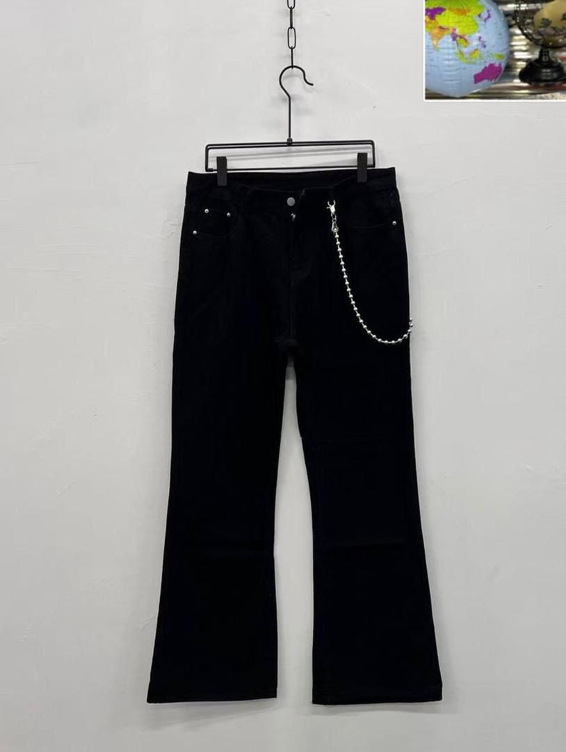 Men's Solid Jet Black Flare Jeans - Retro Slim Fit Bootcut Denim - Streetwear Loose Bottom Trousers with Silver Hip Chain Detail