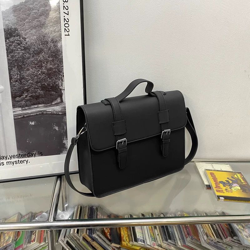 Black Faux Leather Mini Satchel Crossbody Bag Buckle Flap Adjustable Strap Retro Casual Shoulder Purse