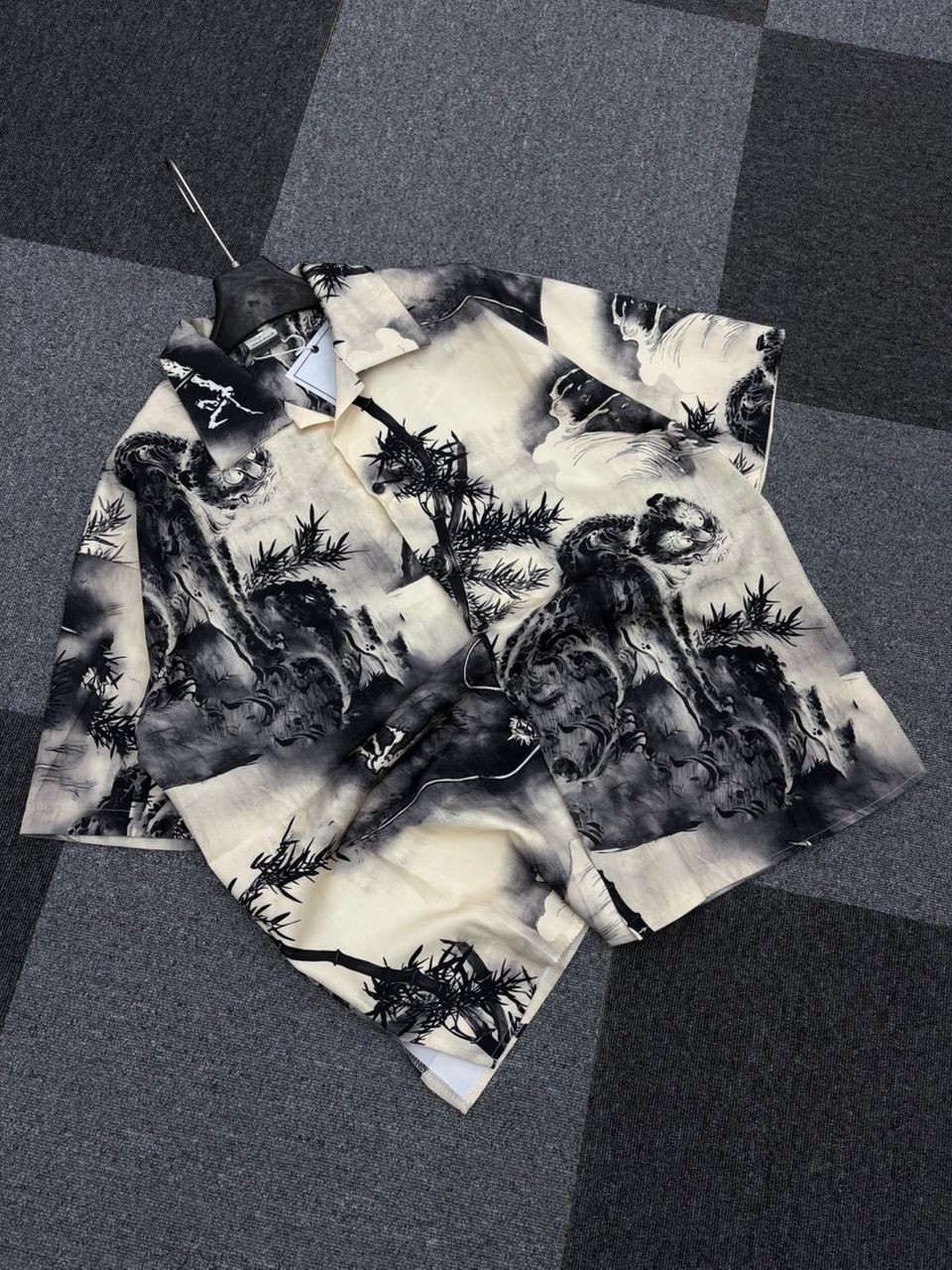 Tiger Bamboo Ink Print Shirt - Black/Cream All-Over Art Button-Up
