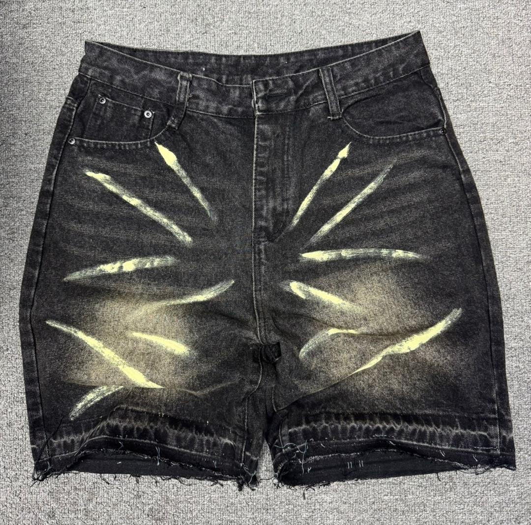 Black Distressed Denim Shorts Yellow Lightning Bolt Spray Paint Streaks Graffiti Starburst Oversized High Waisted Jorts Unisex Streetwear