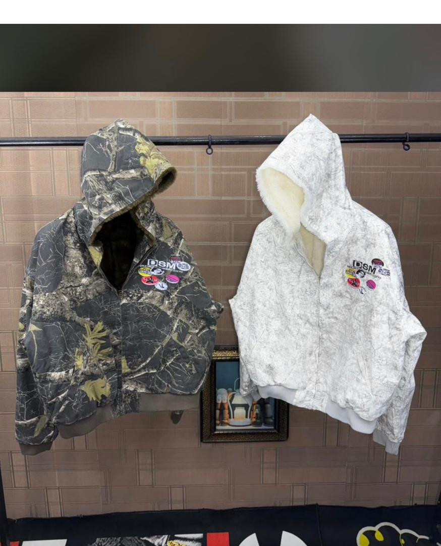 Men’s Heavyweight Sherpa-Lined Zip-Up Hoodie - Oversized Tactical Puffer Jacket with DSM Graphic Patches & High-Pile Fleece Insulation