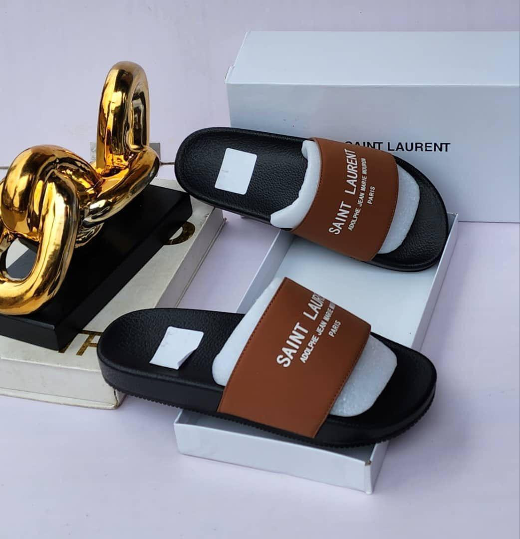 "Luxury Inspired Black Brown Slides SAINT LAURENT Text White Foam Footbed Matte EVA Pool Slippers Unisex Casual Footwear