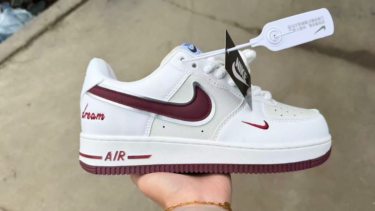 Custom Nike Air Force 1 Low - White Maroon "Dream" Embroidered Sneakers Unisex
