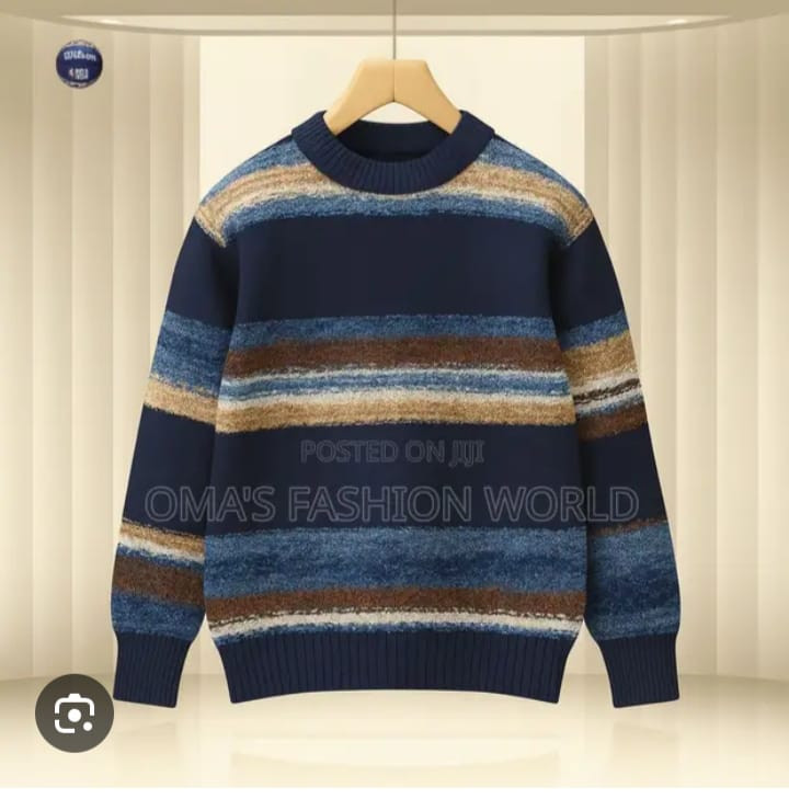 Navy Multi-Stripe Bouclé Knit Sweater Oversized Crewneck Pullover Textured Striped Jumper