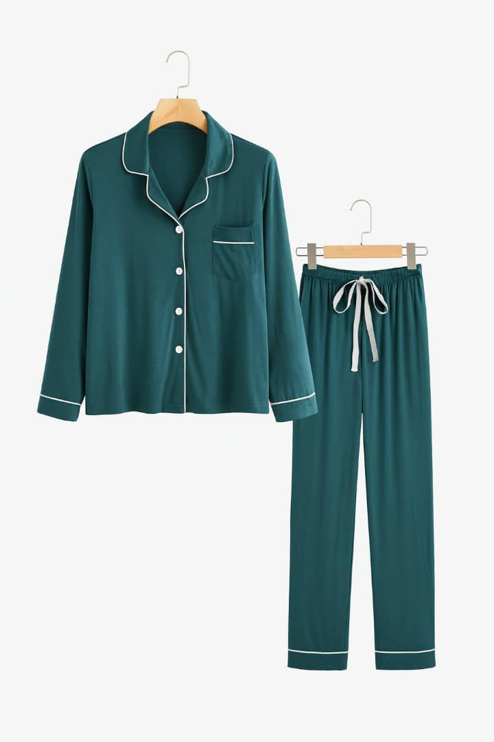 Plum Purple Solid Pajama Set Long Sleeve Button-Up + Drawstring Pants White Piping Lounge Sleepwear