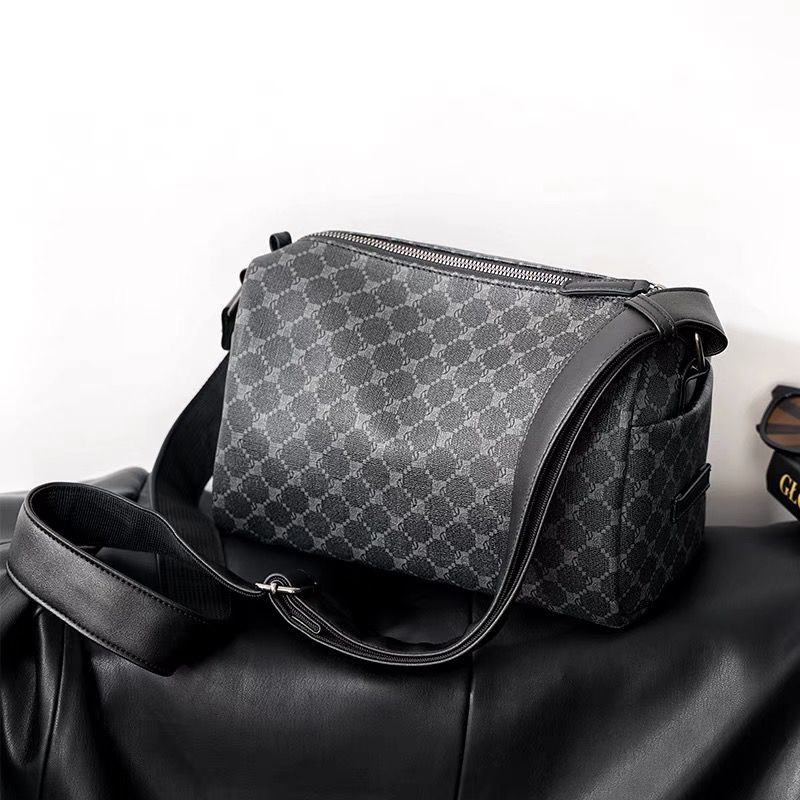 Gray GG Monogram Canvas Duffel Bag Black Leather Trim Adjustable Strap Crossbody Shoulder Mini Travel Purse