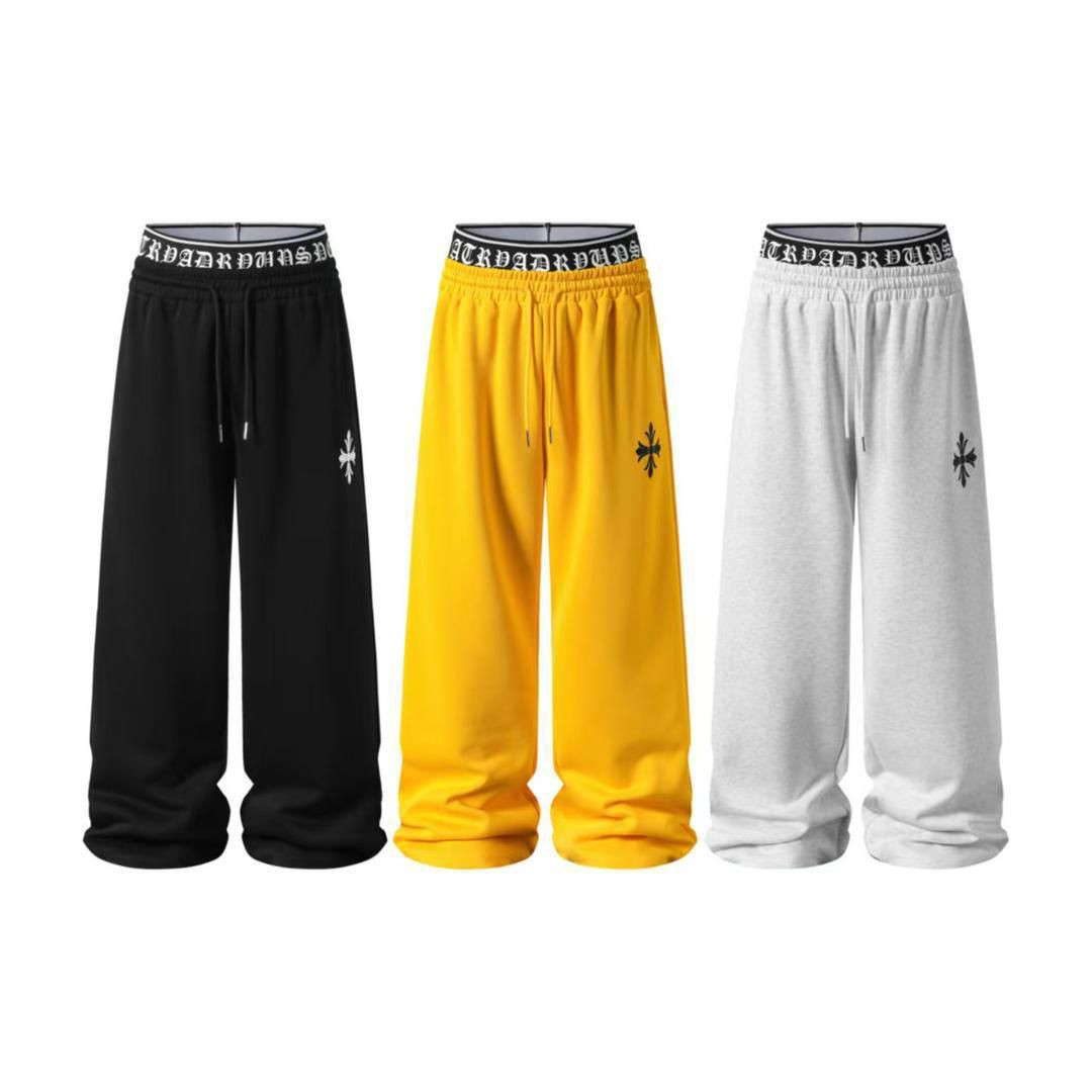 Chrome Hearts Inspired Wide-Leg Track Pants Repeating Logo Waistband Cross Print Sweatpants Black Yellow Gray