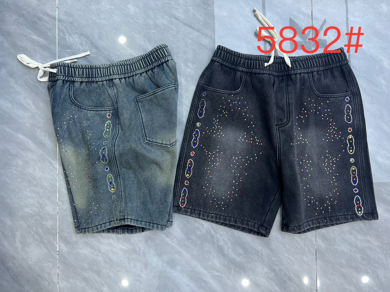 Men's Premium Denim Shorts – Vibrant Multi-Color Rhinestone Pattern with Relaxed Fit & Elastic Drawstring Waist – Designer Urban Streetwear