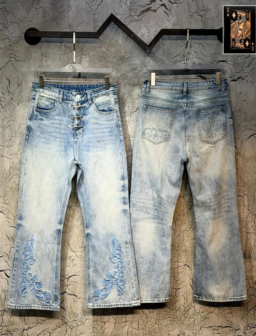 Light Wash Flared Jeans Metal Buckle Fly Floral Embroidered Hem Streetwear Bell Bottom Denim Pants