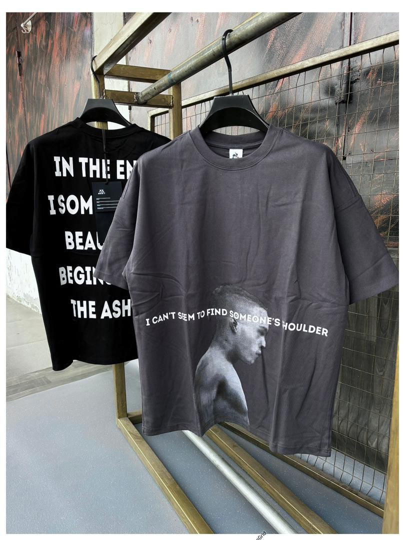 Oversized Gray Graphic Tee - XXXTENTACION Inspired 'Someone's Shoulder' Lyrics Portrait Print Unisex Streetwear