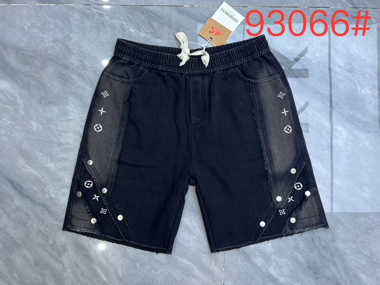 Men's Premium Black Denim Shorts – Luxury Monogram Side-Panel Design with Metallic Studs & Frayed Edges – Modern Urban Streetwear