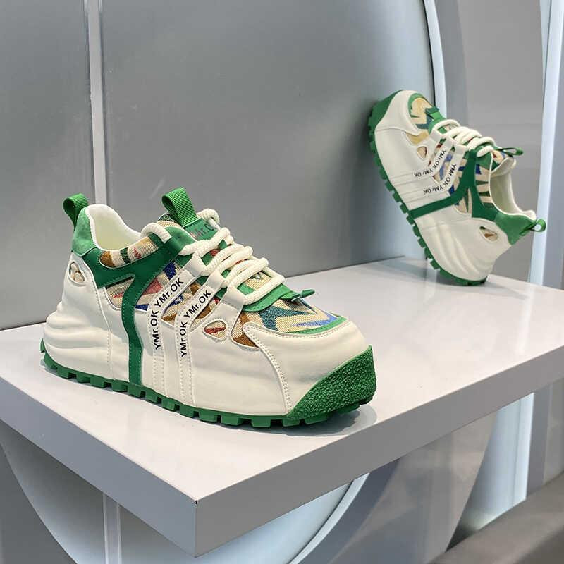 Chunky Platform Dad Sneakers Camo Mesh "YMI OK" Print Thick Sole Lace-Up Streetwear Shoes