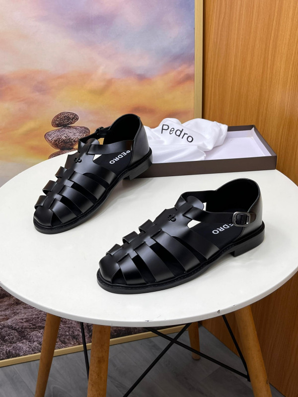 Black Pedro Fisherman Sandals Glossy Caged Strap Open-Toe Slides Buckle Detail Casual Luxury