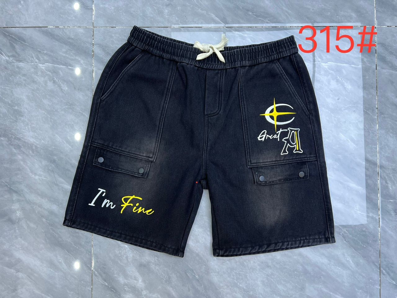 Men's Premium Black Denim Shorts – "I'm Fine" Script & Star Graphic Embroidery with Utility Flap Details – Modern Relaxed Fit Streetwear