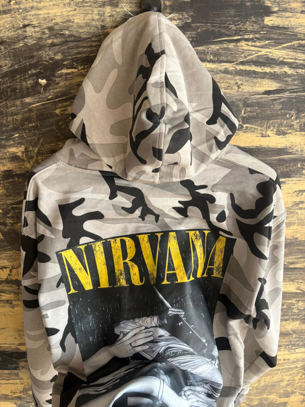 Gray Black Camo Distressed Hoodie - Oversized Streetwear Pullover with Frayed Hem