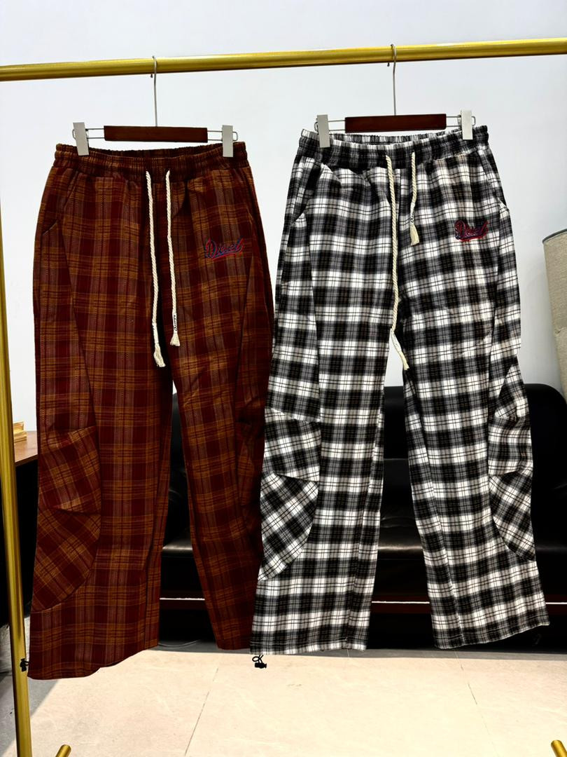 Oversized Plaid Lounge Pants Drawstring Waist Embroidered Logo Pajama Bottoms Brown/Navy