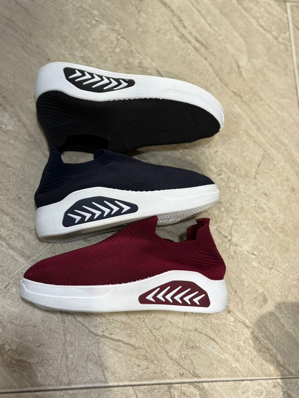 Slip-On Sock Sneakers Knit Platform Trainers Arrow Chevron Detail Navy Blue & Burgundy Casual Streetwear Shoes