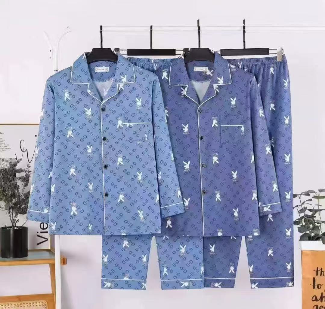 Blue Gucci Playboy Bunny GG Print Pajama Set Long Sleeve Shirt + Long Pants Designer Dupe Sleepwear