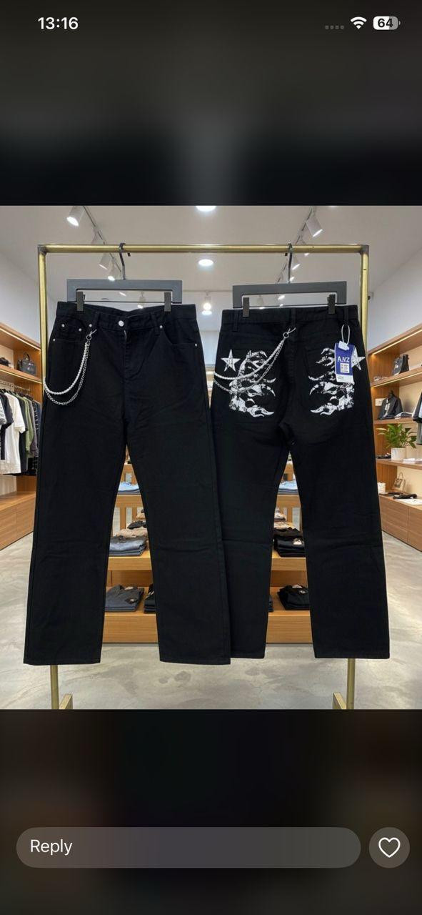 Men's Black Graphic Streetwear Jeans - Y2K Cyber Star & Flame Printed Denim - Loose Fit Straight Leg Trousers with Double Hip Chain Detail