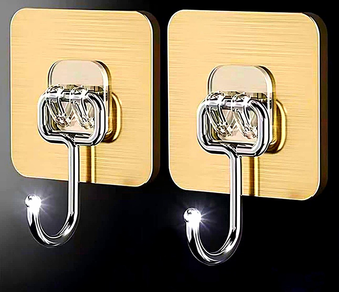 2/4/6 Pack Luxury Gold Self-Adhesive Wall Hooks – Heavy Duty Seamless J-Hooks for Bathroom, Kitchen, and Home Organization – No-Drill Towel and Coat Hangers