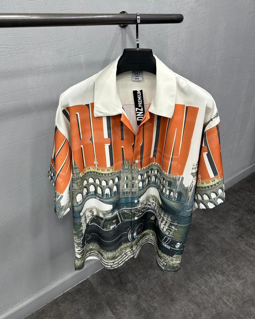 Berlin Graphic Short Sleeve Shirt Orange "BERLIN" Print Satin Silk Button Up Streetwear Casual Shirt Dngz Style