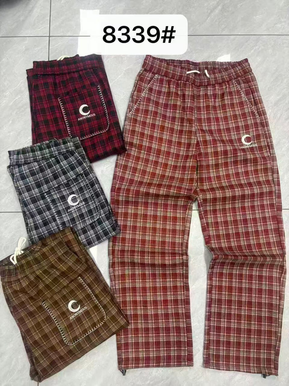 Men's Plaid Jogger Pants Casual Drawstring Lounge Sweatpants Anonymous Logo Checkered Trousers - Red/Brown/Gray Plaid