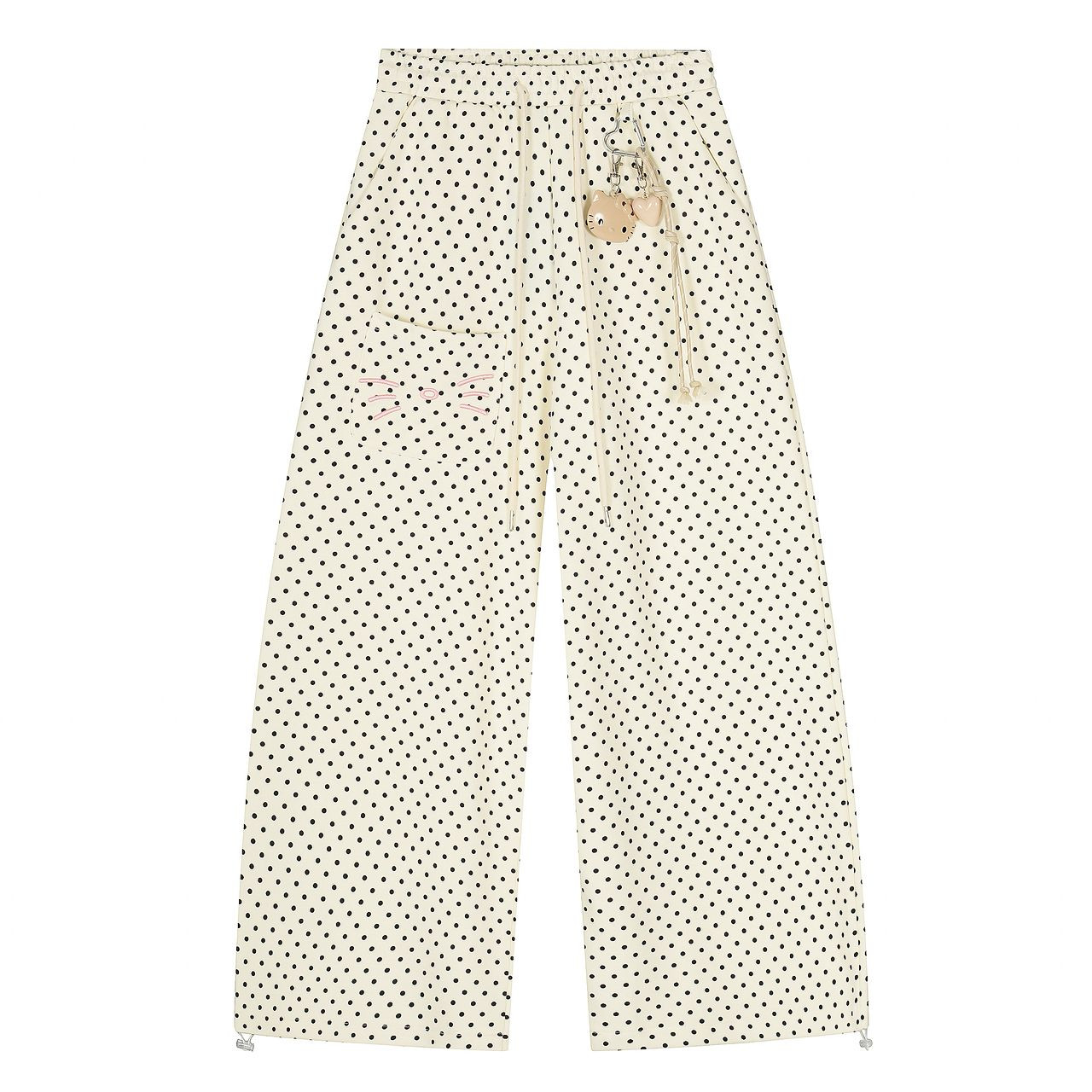 Cream Black Polka Dot Wide Leg Lounge Pants Cat Whiskers Embroidery Charm Drawstring Casual Pajama Trousers