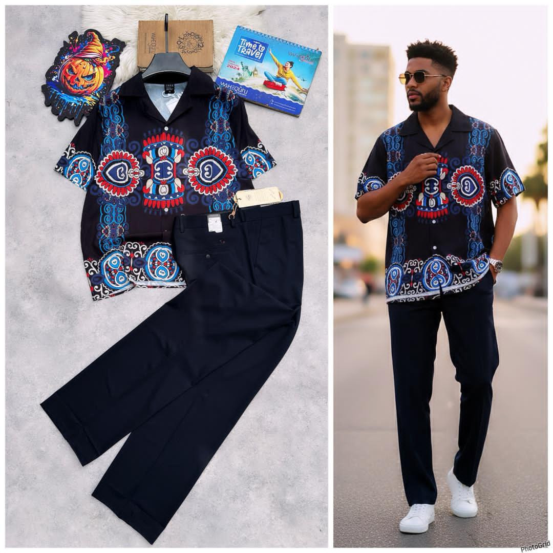 Navy African Print Short-Sleeve Button-Up Shirt + Black Tailored Dress Pants Afro-Luxe Two-Piece Set