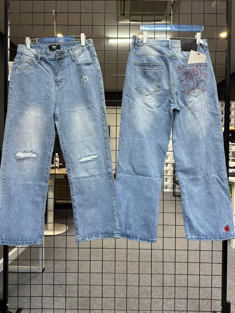 Men's Retro Baggy Skater Jeans - Light Wash Distressed Wide Leg Denim with Star Embroidery & Graphic Back Pocket - Y2K Loose Fit Trousers