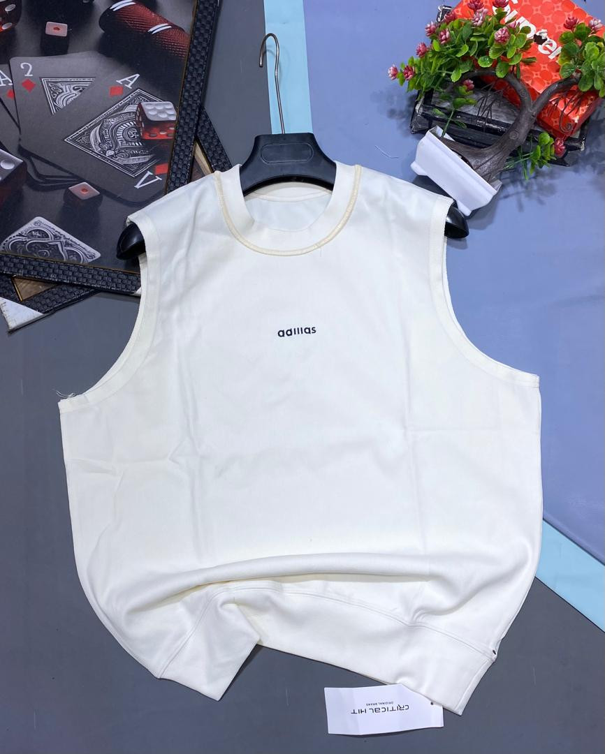 Camel Tan Sleeveless Oversized Hoodie Tank Adidas Embroidered Chest Minimalist Streetwear Top