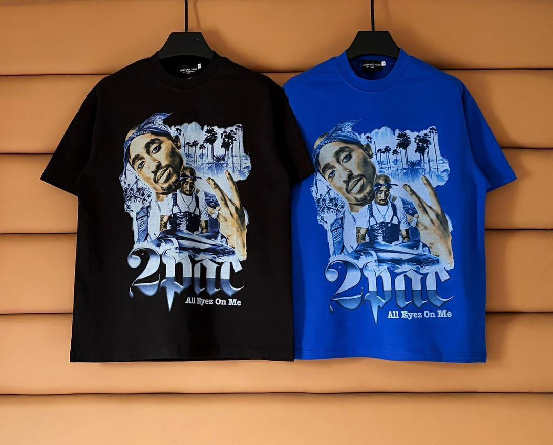 2Pac All Eyez On Me Oversized Graphic T-Shirt Tupac Portrait Palm Trees Print Hip-Hop Tee Black Blue