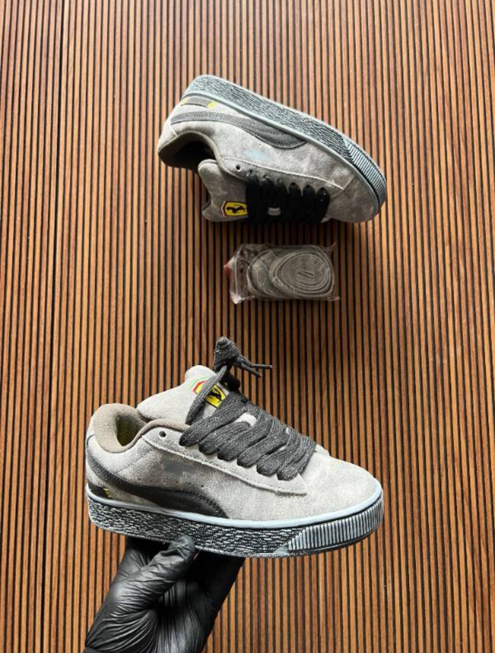 Grey Suede Puma Palermo Ferrari Patch Platform Sneakers Custom Distressed Low-Top