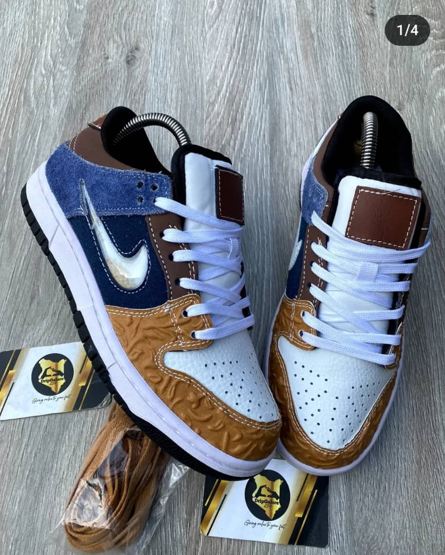 Custom Nike Dunk Low - Brown Navy Suede Embossed Leather Sneakers - DripGalore Style