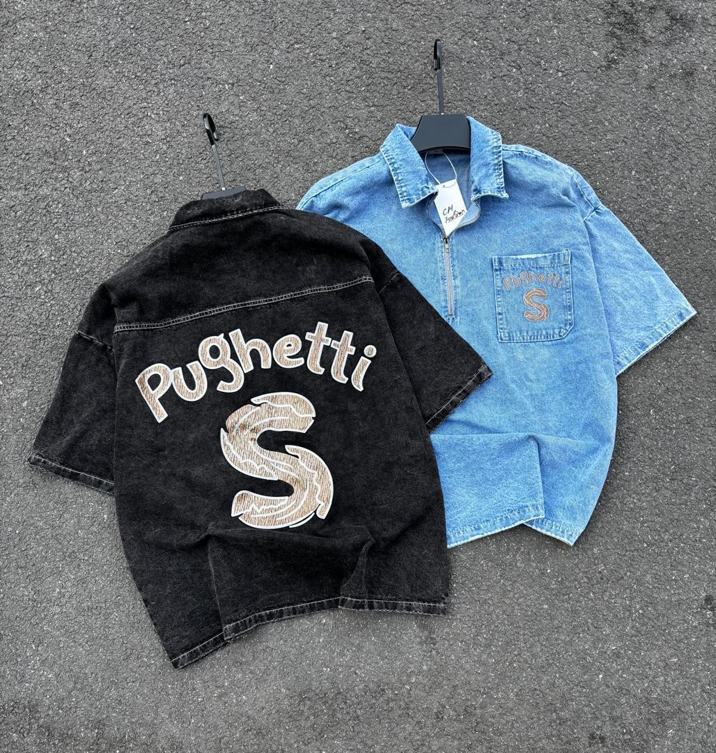 Oversized Cropped Denim Jacket - Pughetti Noodle Embroidery Graphic - Black Wash or Light Blue Zip Streetwear