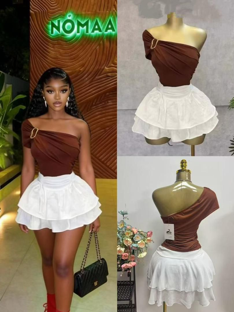 Chocolate Brown One-Shoulder Ruched Mini Top + White Tiered Ruffle High-Waist Mini Skirt Two-Piece Set