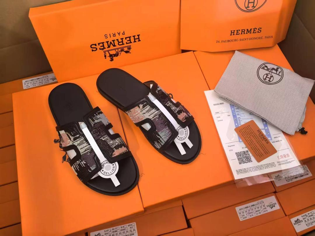 Black Hermès Oran Inspired Slide Sandals Multicolored Patterned H Strap Luxury Dupe Casual Summer Shoes