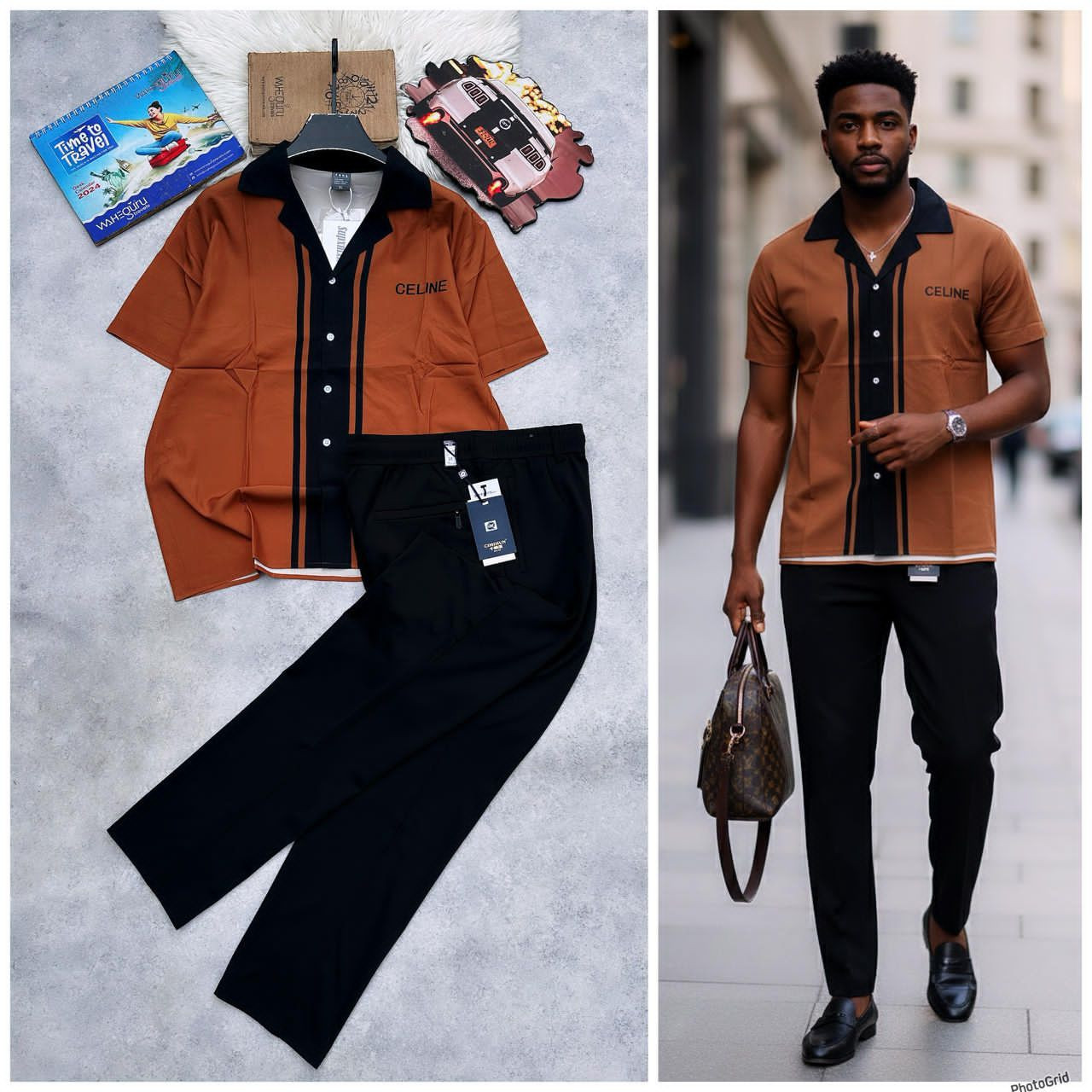 Brown Black Piped Short-Sleeve Button-Up Shirt + Tailored Black Dress Pants Celine Inspired Two-Piece Set